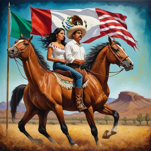 Prompt: (transformative painting of a Mexican American flag), (magnificent horse) with a man and a woman riding it, artful composition, rich symbolism, vibrant colors, cultural identity, regionalism themes, poster art style, high detail and texture, atmospheric background, illustrated warmth, cultural pride, expressive poses, dynamic relationship between figures, captivating visual narrative, (masterpiece) quality.