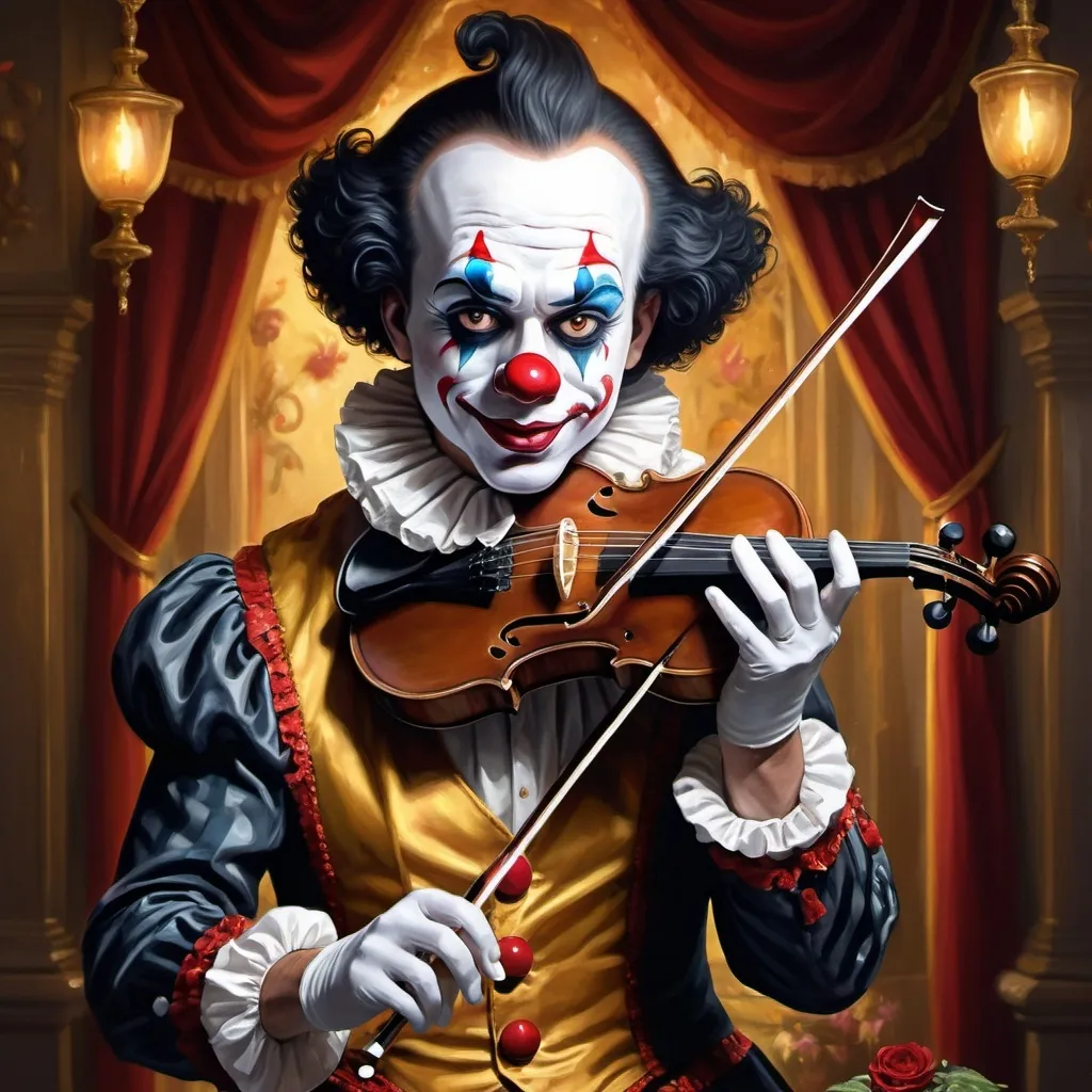 Prompt: a painting of a dark headed male clown with a magical note playing gold violin and a ball in front of him, with a red clown's face painted on it, magical ambiance, friendly, highly detailed digital painting, an ultrafine detailed painting.  Add Renaissance background.  Adorn with mystic florals.  Add sun influences.  Add influences of the God Nuit in the following manner.  