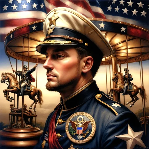 Prompt: A Seven Wonders Art Glass Studio oil renaissance painting of a man in military uniform riding on Carousel of Heroes.  Honors veterans and those serving in U.S. Military.  Honoring Nuit.  