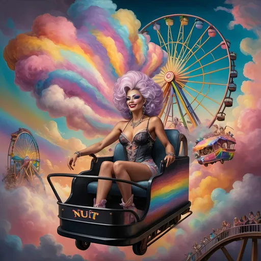 Prompt: (honoring nuit), a mesmerizing painting of colorful drag queens exuding joy and fabulousness while riding a roller coaster, vibrant (rainbow) painted on the side, a whimsical ferris wheel creating a festive atmosphere in the background, whimsical cotton candy clouds, (dynamic movement), warm pastel colors enhancing the lively scene, ultra-detailed, high-quality artwork capturing a celebratory ambiance.