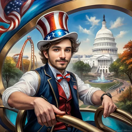 Prompt: (A Seven Wonders Art Glass Studio masterpiece) painting of a man wearing a patriotic hat, (thrilling pose) riding the Freedom rollercoaster, (vibrant colors), scenic background of Freedom Park in D.C., (dynamic movement), celebrating freedom, eternal spark of joy, whimsical ambiance, soft warm lighting, highly detailed, clarity, engaging and joyful atmosphere, surrounded by delighted visitors, landmarks in the distance.