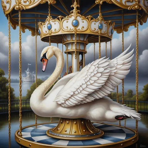 Prompt: a white swan on a carousel with a crown on its head and a gold chain around its neck and neck, Anne Stokes, pop surrealism, highly detailed oil painting, an ultrafine detailed painting