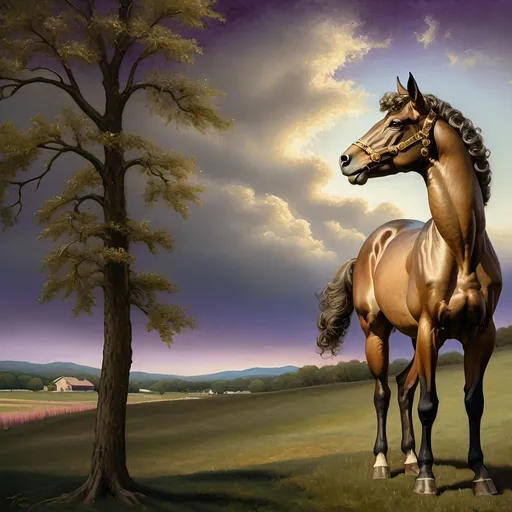 Prompt: (Honoring Nuit), highly detailed oil painting, thoroughbred horse, elegant posture, lush Kentucky farm, evening dusk setting, warm and vibrant hues, soft golden light reflecting off the horse’s coat, scenic rolling hills in the background, tranquil ambiance, serene atmosphere, ultra-detailed, masterpiece quality, evocative emotional tone, captivating and luminous sky blending soft pinks and deep purples, harmonious nature scene.