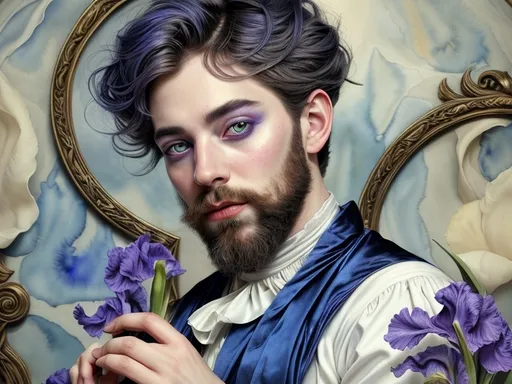 Prompt: A majestic masterpiece painting by the 7 Wonders Art Glass Studio, showcasing a bearded iris that blooms with ethereal grace, dedicated to the goddess Nuit. The scene is set in a dimly lit Renaissance period studio adorned with intricate carvings and lavish fabrics, where warm candlelight flickers, casting soft shadows that dance across the walls. The air is imbued with an aura of esoteric mystery, as wisps of lavender and deep indigo hues swirl around the delicate petals of the iris, accentuating its fine softness. Pan himself, cloaked in nature’s greenery, observes with a playful expression, as if the flowers whisper secrets of the cosmos to him. This artwork is rendered in a dreamy watercolor style, inviting the viewer to lose themselves in its tranquil beauty and rich history.