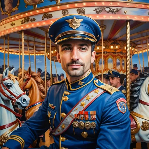 Prompt: (A masterpiece oil painting) of a man in (military uniform), riding the (Carousel of Heroes), vibrant colors highlighting the ornate design of the carousel. The scene is filled with a (nostalgic atmosphere), paying homage to (veterans and active military). Whispering elements of (honor) and (courage) are present, with artistic flourishes emphasizing the essence of (Nuit). The overall feel is (dramatic) and uplifting, portraying both valor and beauty in high definition.