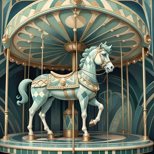 Prompt: (Artwork in Art Deco style), carousel adorned with intricate geometric patterns, clown depicting peaceful serenity, calm expression, soft, muted blues and greens creating a cool color scheme, whimsical yet elegant design, detailed background featuring subtle art deco elements, ethereal atmosphere of contentment, ultra-detailed and high quality image.