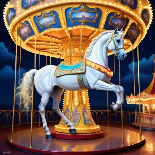 Prompt: (dynamic carousel scene), (white horse) elegantly perched atop, adorned with vibrant lights illuminating its sides, (David LaChapelle style), (pop surrealism), mesmerizing hues of deep blues and bright yellows enveloping the atmosphere, intricately designed structures surrounding the carousel, (ultrafine details), (high-quality digital painting), enchanting and whimsical ambiance, captivating details, soft glowing lights in a dreamlike setting.