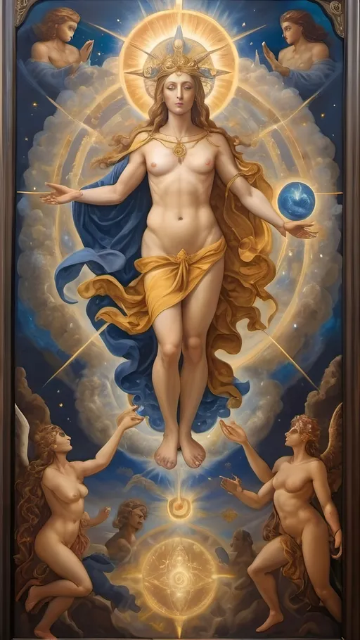 Prompt: (mural oil painting) Renaissance theme, (Thelemic symbols), divine and cosmic energy, intricate details, ethereal atmosphere, soft celestial lighting, remarkable depth and realism, historical accuracy, vibrant color palette with rich golds and deep blues, figures in dynamic poses representing creation, adorned with mystical symbols, (4K ultra-detailed)