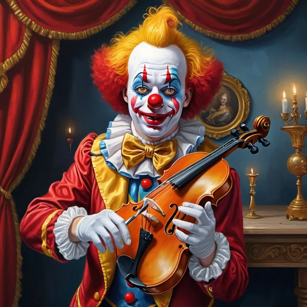 Prompt: a painting of a clown with a gold violin and a ball in front of him, with a red clown's face painted on it, magical ambiance, friendly, highly detailed digital painting, an ultrafine detailed painting.  Add Renaissance background.