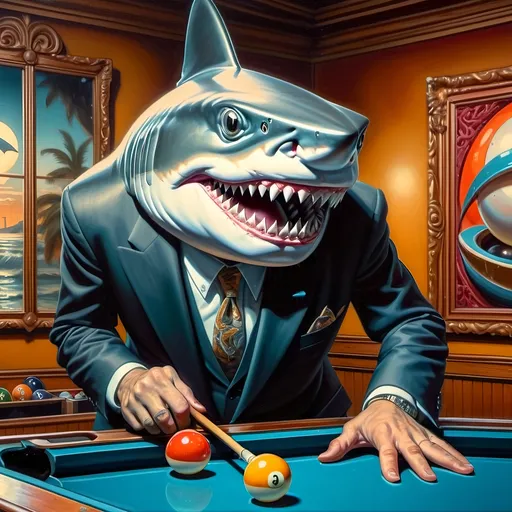 Prompt: (shark in a suit) playing pool, pool cue and ball in front, (F. Scott Hess style), (pop surrealism), enriched classical painting techniques, fine art masterpiece, luminous glass textures, intricate details, vibrant color palette, dynamic composition, warm and inviting ambiance, evoking whimsy and creativity, honoring Nuit, high artistic quality, 4K resolution.