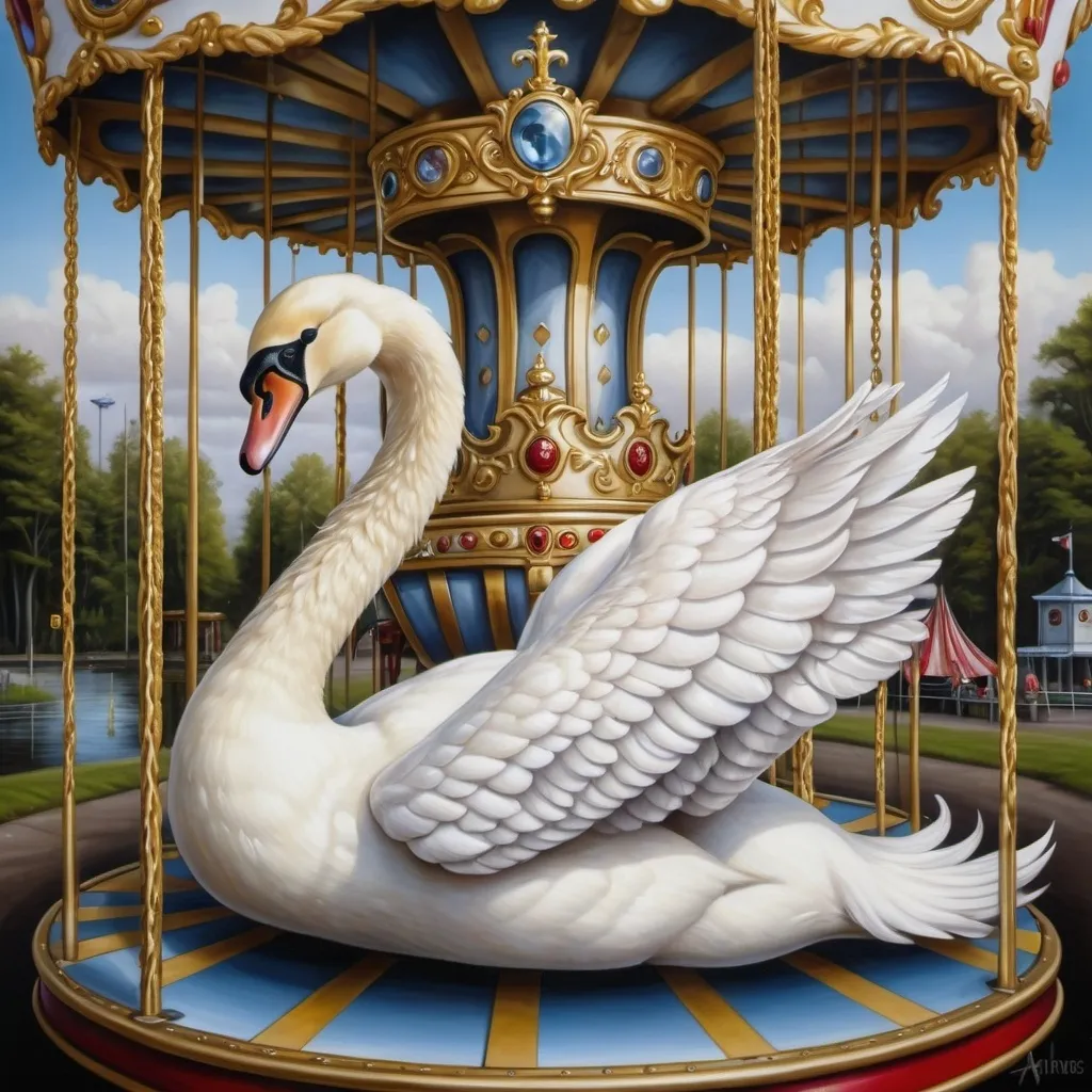 Prompt: a white swan on a carousel with a crown on its head and a gold chain around its neck and neck, Anne Stokes, pop surrealism, highly detailed oil painting, an ultrafine detailed painting