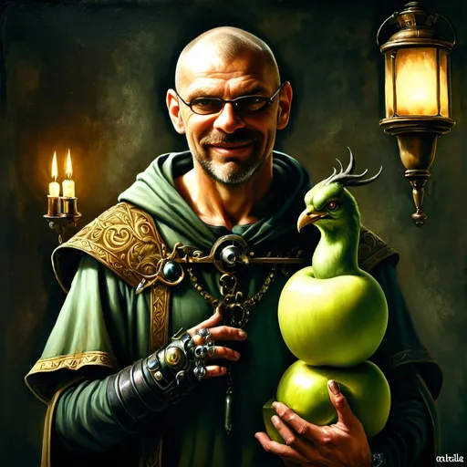 Prompt: (renaissance style), dark color scheme, a man with a horned head, a bird perched on his shoulder, holding a lamp in one hand, a green apple in the other, inspired by Esao Andrews, (highly detailed), fantasy art, character portrait, intricate details, rich textures, dramatic lighting, moody ambiance, ultra-detailed digital painting.