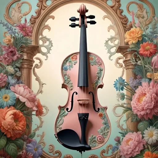 Prompt: (violin), (Renaissance art style), (anatomically correct), (pastel color scheme), elaborate details on the violin's back, vibrant floral arrangement in the background, inspired by Ernst Haeckel and Flemish Baroque, folk art influence, expressive and whimsical, high detail, soft lighting, serene ambiance, visually captivating.