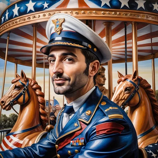 Prompt: A Seven Wonders Art Glass Studio oil renaissance painting of a man in military uniform riding on Carousel of Heroes.  Honors veterans and those serving in U.S. Military.  Honoring Nuit.  