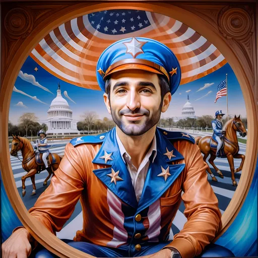 Prompt: (A Seven Wonders Art Glass Studio), oil renaissance painting, (vibrant colors), a man in military uniform, proudly riding on a Carousel of Heroes, surrounded by gracefully carved horses, soft, glowing ambiance, honoring veterans and those serving in the U.S. Military, warm golden lighting, intricate details in the uniform, carousel with richly adorned decorations, respectful atmosphere, high quality, ultra-detailed.