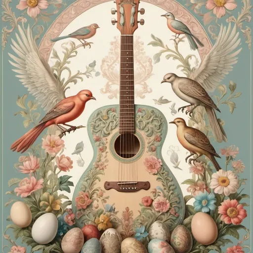 Prompt: (artstyle-renaissance) poster design, (pastel color scheme), centerpiece guitar, surrounded by decorative elements, exquisite eggs, (delicate birds), vibrant flowers, inspired by Ernst Haeckel, rich folk art details, (elaborate) design touches, influences of Flemish Baroque, (elegant composition), soft lighting, (ethereal vibe), ultra-detailed, high quality