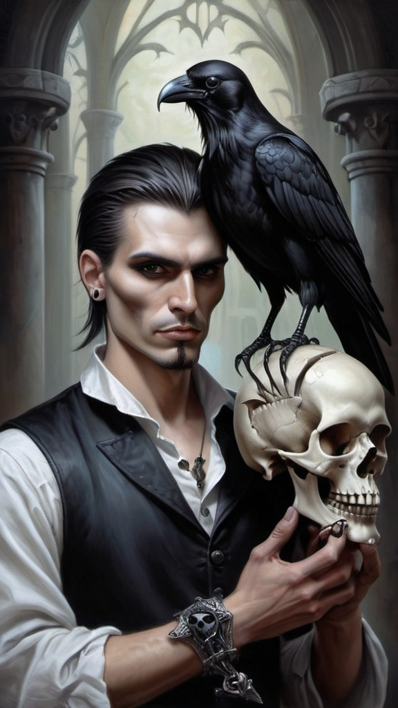 Prompt: a man with a skull and a horned head holding a skull and a crow on his shoulder and a skull in his hand, Anne Stokes, gothic art, dark fantasy art, a fine art painting