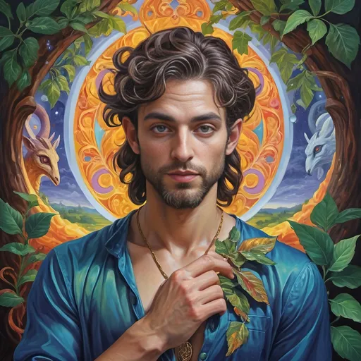 Prompt: (August portrait masterpiece) of a magician satyr, (Renaissance art style), vibrant hues, ethereal lighting, featuring the open eye symbol, honoring Horus and Nuit, mystique serpent transformation qualities, lush Arcadian landscape with rich foliage, intricate glasswork details, reverent atmosphere, dreamlike ambiance, historically accurate attire, reminiscent of classical paintings, (ultra-detailed) composition showcasing magical elements and divine worship intertwined.