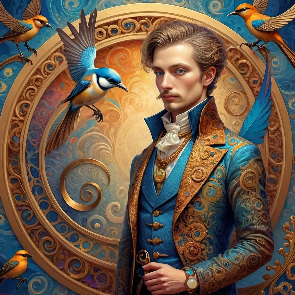 Prompt: a painting of a colorful bird with a circular background and a gold ring around it's neck and a blue eye, Android Jones, psychedelic art, highly detailed digital painting, a detailed painting