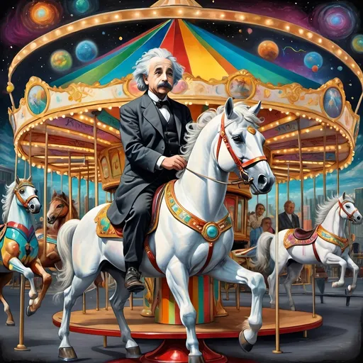 Prompt: (Art Deco style) painting of Albert Einstein on a carousel, a white horse prominently in front, colorful carousel elements, (vibrant color scheme), detailed chalkboard filled with scientific formulas in the background, (highly detailed), (ultra-fine details), (digital painting), (analytical art), whimsical atmosphere, intricate design elements, dynamic composition, enchanting ambiance.