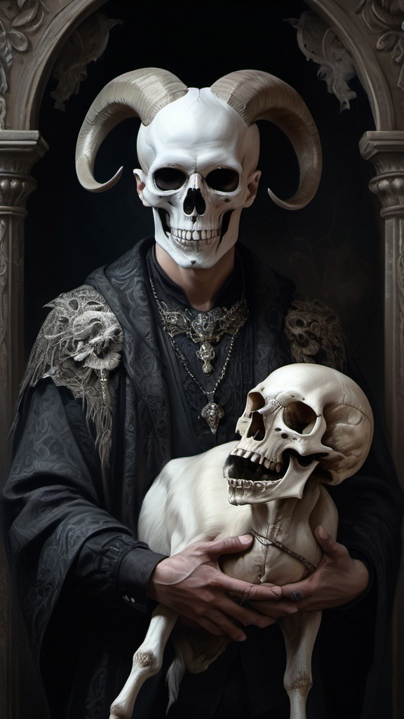 Prompt: (mysterious fantasy character portrait), a man with a skull and goat head, holding a skull in one hand, a bird perched on his shoulder, (gothic art style), intricate details, dramatic shadows, muted colors, ethereal ambiance, fine art painting, captivating expression, elaborate textures, ultra-detailed, rich depth, hauntingly beautiful atmosphere.