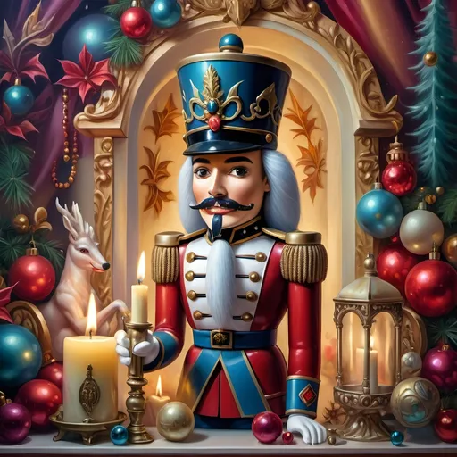 Prompt: a nutcracker with a candle and a candle holder in front of it, surrounded by christmas decorations, Anne Stokes, pop surrealism, extremely detailed oil painting, an airbrush painting