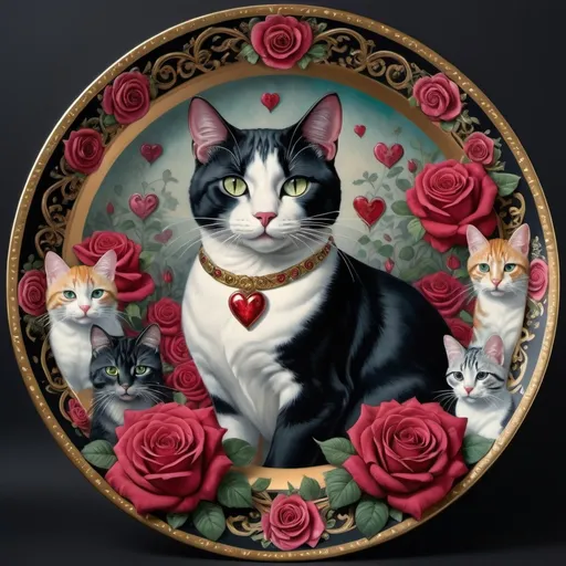 Prompt: (ultrafine detailed painting) queen of hearts, surrounded by (graceful cats), (lush roses), and roses elegantly arranged on a decorative plate with a playful cat on it, (gothic art style), vibrant colors blending into intricate patterns, moody and enchanting atmosphere, high-definition, showcasing romanticism and rich textures in a visually stunning digital masterpiece.