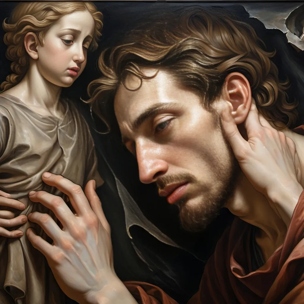 Prompt: Renaissance oil mural, (dark color scheme), close-up still life of Adam with (face cracking like broken porcelain), ethereal atmosphere, (God) depicted above, transitioning moments of (Adam saying goodbye), spirits escape into the void, intricate textures, dramatic chiaroscuro highlights, capturing profound emotion, striking contrast, atmospheric depth, ultra-detailed, masterpiece quality, conveys a sense of liberation and sorrow.