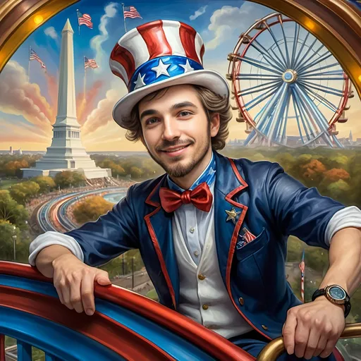 Prompt: (A Seven Wonders Art Glass Studio masterpiece) painting of a man wearing a patriotic hat, (thrilling pose) riding the Freedom rollercoaster, (vibrant colors), scenic background of Freedom Park in D.C., (dynamic movement), celebrating freedom, eternal spark of joy, whimsical ambiance, soft warm lighting, highly detailed, clarity, engaging and joyful atmosphere, surrounded by delighted visitors, landmarks in the distance.