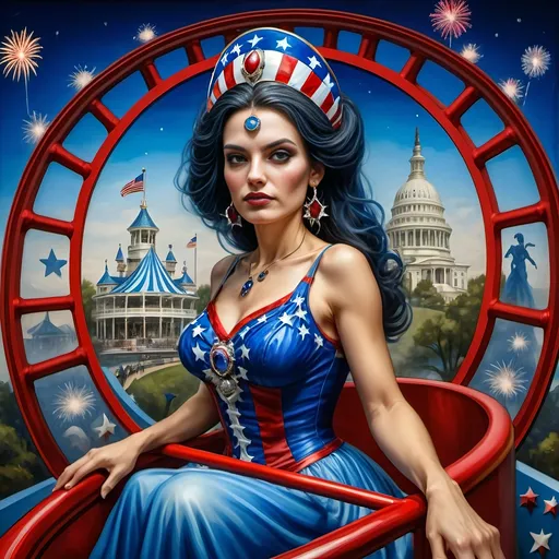 Prompt: a 7 Wonders Art Glass Studio of a woman in patriotic dress riding the rollercoaster Liberty Park, located in Washington D.C, Northern Virginia, and Maryland local attractions, with U.S.Flag themes and float in the background and fireworks in the sky, 4th of July in Liberty Park.  honoring the goddess Nuit.