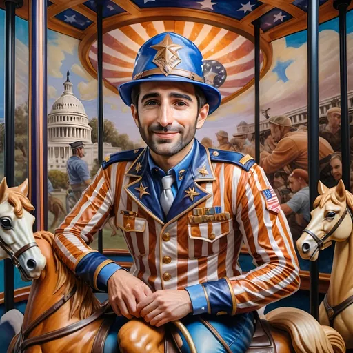 Prompt: (A Seven Wonders Art Glass Studio), oil renaissance painting, (vibrant colors), a man in military uniform, proudly riding on a Carousel of Heroes, surrounded by gracefully carved horses, soft, glowing ambiance, honoring veterans and those serving in the U.S. Military, warm golden lighting, intricate details in the uniform, carousel with richly adorned decorations, respectful atmosphere, high quality, ultra-detailed.