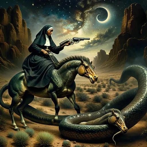 Prompt: (A oil masterpiece) A black nun riding a majestic horse, gripping a gun, fiercely defending against alien desert creatures, vast desert landscape, surreal celestial elements, homage to Nuit, warm earthy tones, contrasting vibrant colors, dramatic lighting, (highly detailed), capturing intense emotions and a sense of adventure, (7 Wonders Glass Art Studio), ultra-detailed, (cinematic).