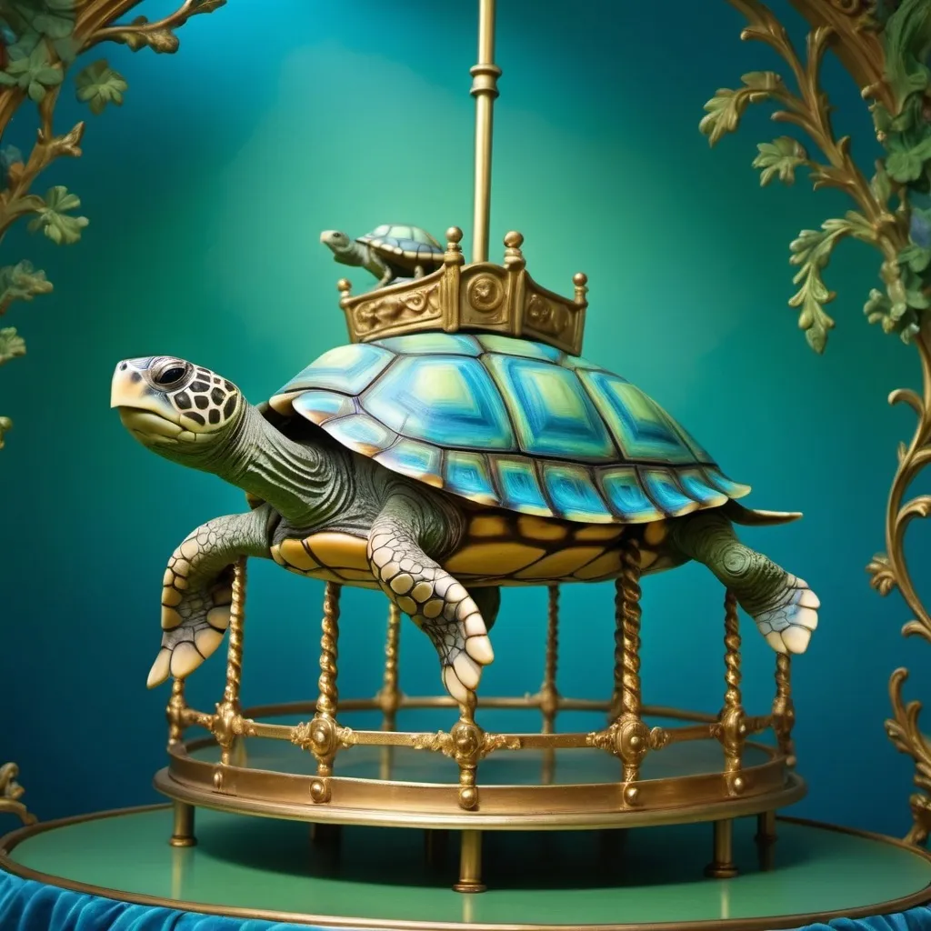 Prompt: (turtle on a carousel), (surrealist sculpture), (vivid blue background), (lush green backdrop), (elegantly designed gold frame), (inspired by Chris LaBrooy), (pop surrealism style), (surreal photography aesthetic), (dreamlike atmosphere), (colorful and whimsical), (high-quality detail), (ultra-detailed), (striking lighting).