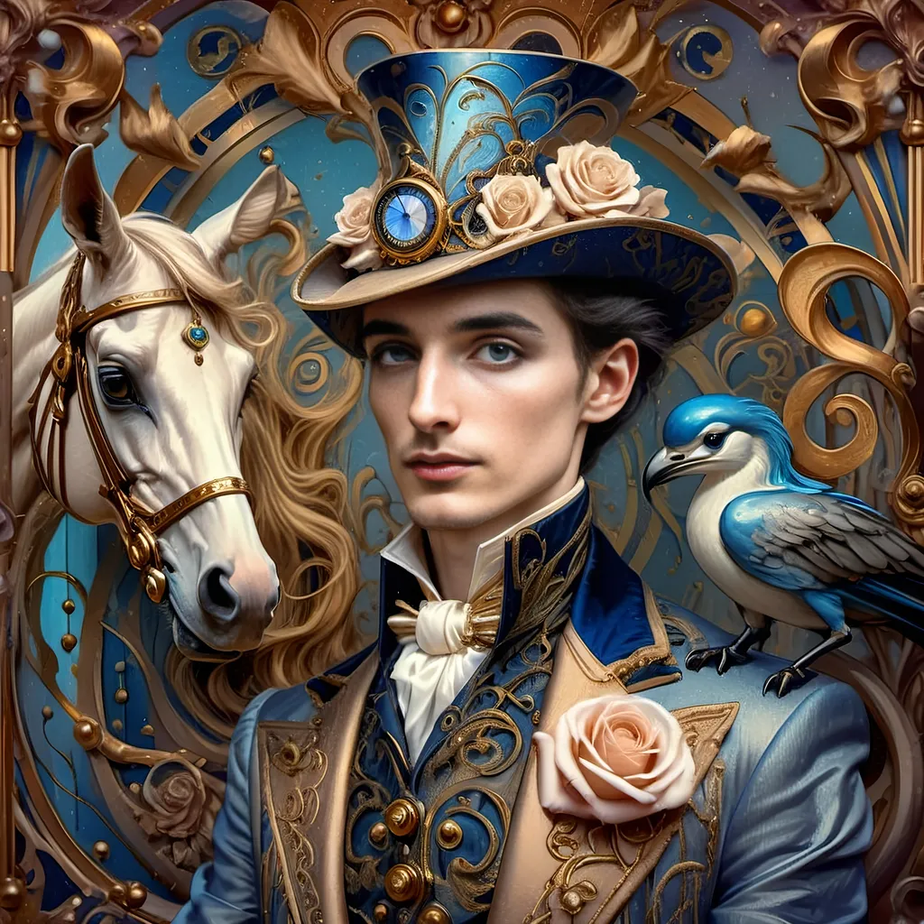 Prompt: (Art Nouveau carousel), (woman with horse), (roses on carousel), dreamy pastel color scheme, lavish swirls and intricate details, bold gold and azure tones, ethereal atmosphere, magical ambiance, enchanting background with a softly lit sky, serene and elegant mood, (highly detailed artwork), reminiscent of the 7 Wonders Art Studio style, whimsical elements capturing the essence of Nuit's honor.