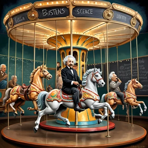 Prompt: (Art Deco style), (Carousel of Science), vibrant color scheme, painting of Albert Einstein, sitting on a carousel horse, chalkboard in the background, whimsical yet analytical ambience, highly detailed digital painting, ultrafine details, imaginative composition, dynamic contrasts, playful elements, captivating atmosphere, influences of Albert Kotin, celebration of science and creativity, HD quality.