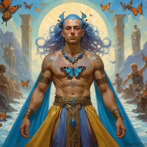 Prompt: a man in a colorful outfit standing in front of a painting of a man with a blue hair and a butterfly on his head, Donato Giancola, fantasy art, epic fantasy character art, a character portrait