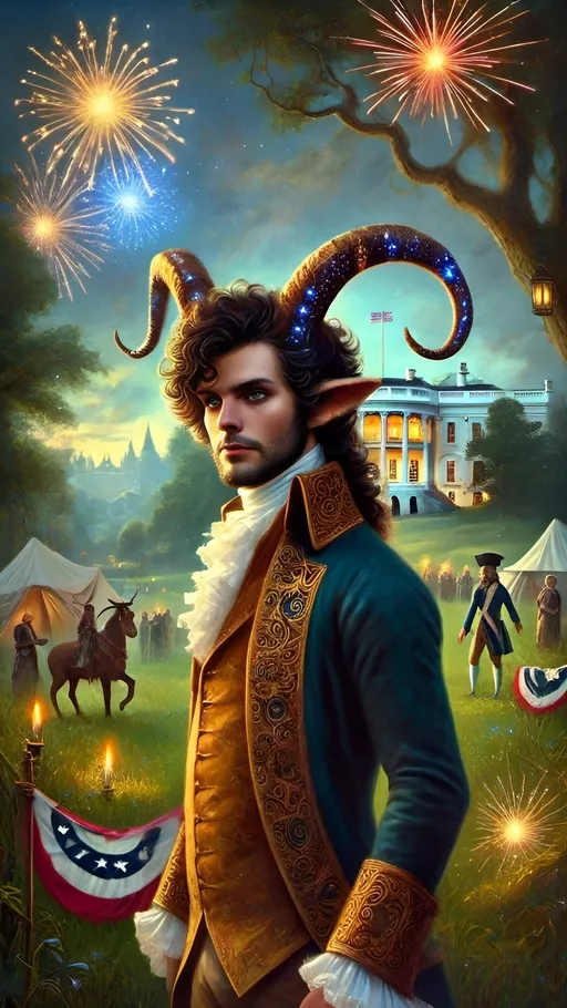 Prompt: a painting of a man with a goat's head on his head and a flag in front of him, Anne Stokes, fantasy art, epic fantasy character art, a fine art painting