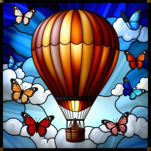 Prompt: A Seven Wonders Art Glass Studio stained glass window masterpiece of a hot air balloon with butterflies flying around it.  Honoring Nuit.