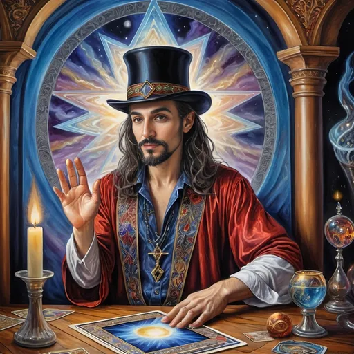 Prompt: Renaissance oil masterpiece, (inspired by the Seven Wonders Art Glass Studio), depicting a magician summoning wisdom from the High Priestess tarot card, enchanting ambiance, intricate details, rich and vibrant colors, mystical lighting, ornate backdrop, complex textures, (tarot-themed art), a celebration of intuition, balancing darkness and light, ultra-detailed HD painting, honoring Nuit in the serene atmosphere of divination.