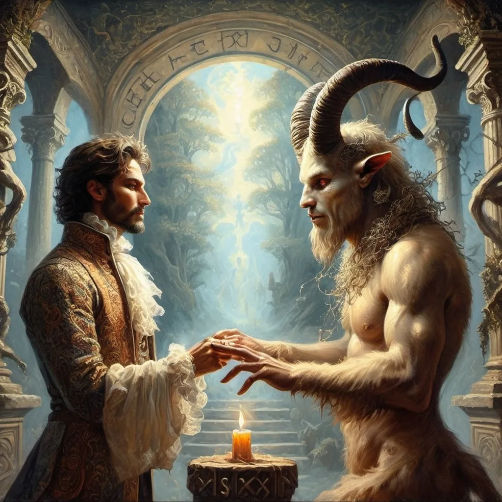 Prompt: (fantasy art scene) a man and a goat touching hands, flickering candlelight casting shadows, dark atmosphere, (mystical) swirling dark hues, ominous sign saying "the devil is coming," (oil painting) intricate details, high contrast lighting, stirring expression, deep textures, fantasy ambiance, (ultra-detailed), capturing the tension of the moment.