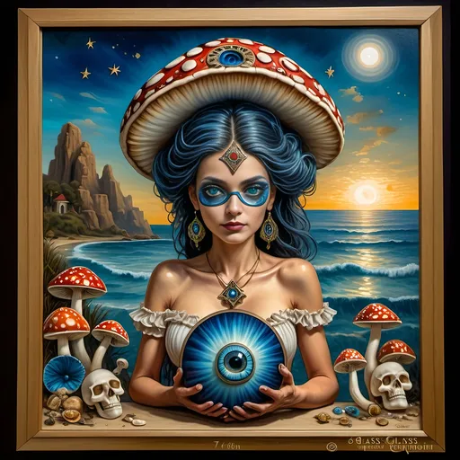 Prompt: (7 Wonders Art Glass Studio masterpiece), oil painting, (honoring Nuit), magical mushroom, (vibrant blue shell), (striking blue eye), Eye of Horus, rich textures, dreamy atmosphere, whimsical background, stars and cosmic elements, (ethereal lighting), enchanting details, high-quality, ultra-detailed composition, surreal and imaginative style.