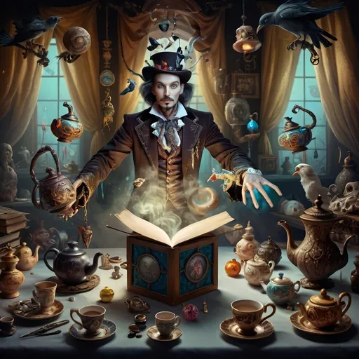 Prompt: (vibrant psychedelic still life), portrait of a magician jack-in-the-box man, surrounded by whimsical teapots and enchanting magical items, coming to life, playful ambiance, lively colors, an open book in front of him, surrealistic elements, dreamlike atmosphere, richly detailed background, (spectacular color gradients), ultra-detailed, eye-catching composition, high-quality artwork.