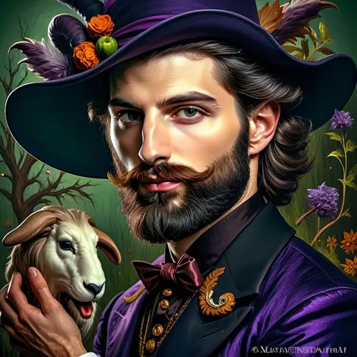 Prompt: (honoring Nuit), captivating handsome man magician with an elegant beard, wearing a pointed witch hat, (renaissance baroque painting style), facial features highlighted in detail, dark mystical background that enhances the allure, rich deep colors creating dramatic contrast, elements of Halloween celebration subtly interwoven, inviting an atmosphere of enchantment and mystery, ultra-detailed, a captivating masterpiece.