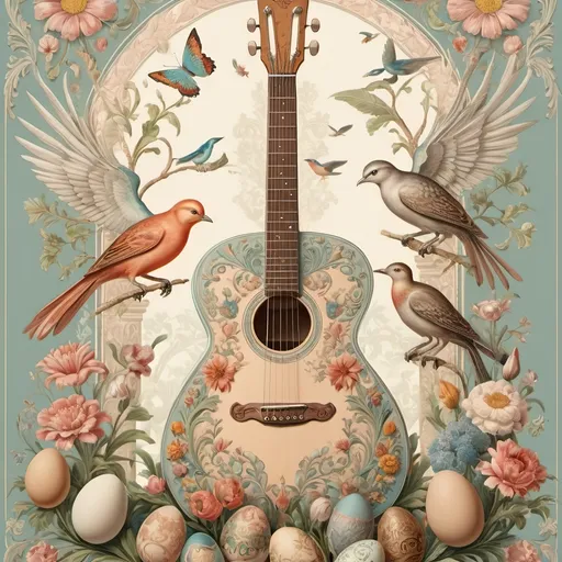 Prompt: (artstyle-renaissance) poster design, (pastel color scheme), centerpiece guitar, surrounded by decorative elements, exquisite eggs, (delicate birds), vibrant flowers, inspired by Ernst Haeckel, rich folk art details, (elaborate) design touches, influences of Flemish Baroque, (elegant composition), soft lighting, (ethereal vibe), ultra-detailed, high quality