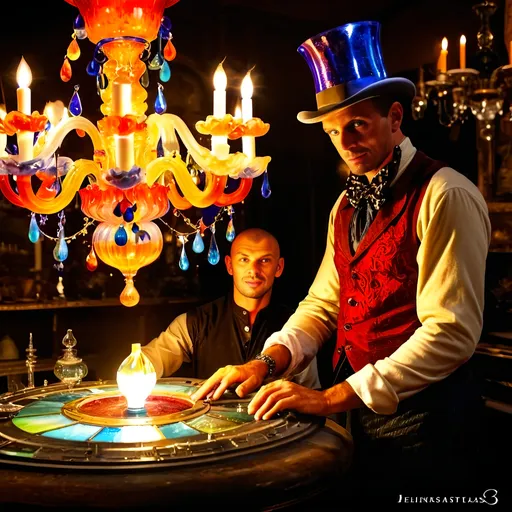 Prompt: (Baroque style) Glass Artisan and Magician, (vibrant colors), man wearing a magical top hat, carefully constructing enchanting magical lights in an intricate chandelier. Lush workshop setting, blending the magic of the real world with Murano’s artistry, (Venice), surrounded by stunning glass artworks, dramatic shadows, and a cozy ambiance, (ultra-detailed).