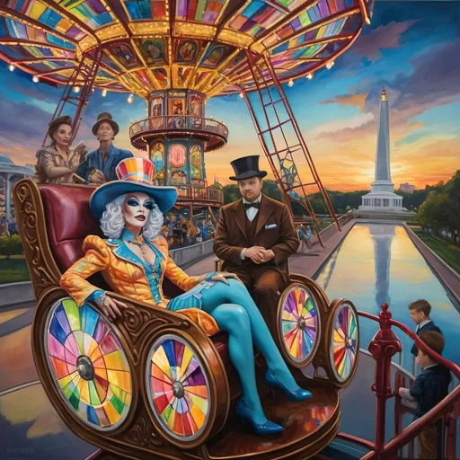 Prompt: (oil painting), psychedelic, a mesmerizing (Drag Queen magician) with an elaborate costume, riding a stunning Ferris Wheel crafted from colorful stained glass, a child sitting in his lap, drag queen story hour, vibrant and surreal, set in D.C.'s Liberty Amusement Park, iconic D.C. monuments and attractions in the backdrop, dramatic lighting, rich colors, ultra-detailed and dynamic composition.