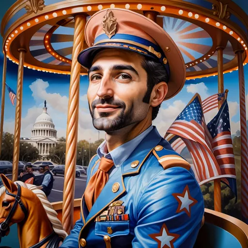 Prompt: (A masterpiece oil painting) of a man in (military uniform), riding the (Carousel of Heroes), vibrant colors highlighting the ornate design of the carousel. The scene is filled with a (nostalgic atmosphere), paying homage to (veterans and active military). Whispering elements of (honor) and (courage) are present, with artistic flourishes emphasizing the essence of (Nuit). The overall feel is (dramatic) and uplifting, portraying both valor and beauty in high definition.