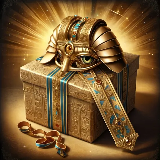 Prompt: (gift wrapped in gold, Eye of Horus), (tag with ribbon and starburst), (highly detailed digital art), (Anne Stokes inspired), Egyptian art, new objectivity, vibrant colors, intricate patterns, rich textures, luxurious ambiance, cinematic lighting, large focus on the Eye of Horus, expressions of mystery and enchantment, ornate background elements that enhance the Egyptian theme, ultra-detailed.