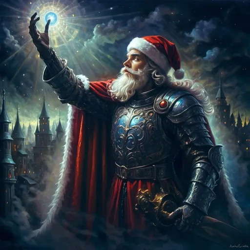 Prompt: (Edgy) oil painting of a knight dressed as Santa Claus (in honor of Nuit), dynamic vibrant colors, dark city background illuminated by a glowing light, flowing red cape, whimsical and surrealistic vibe, imaginative playfulness, influences of Ernest William Christmas, epic fantasy character art, vibrant psychedelic style, ultra-detailed texture, concept art composition, high-quality masterpiece, artistic themes of juxtaposition, drama, and enchantment.