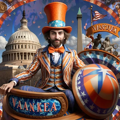 Prompt: A Seven Wonders Art Glass Studio painting of a magician man in a top hat holding a sign that says Yankee Doodle with a washington monument in the background (Honoring Nuit), Americo Makk, psychedelic art, highly detailed digital art, graffiti art